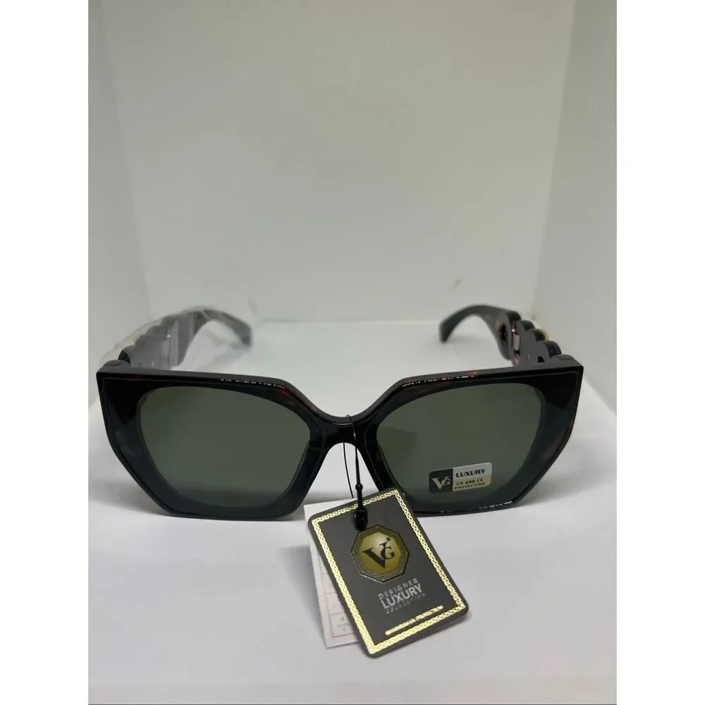 Oversized Tortoise Shell Sunglasses Gold Medallion Chain Arm Designer Style
